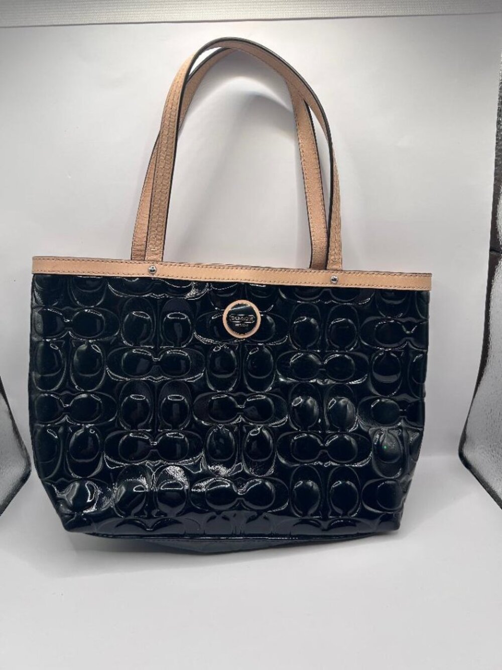 Coach Vintage Patent Leather Black Small Monogram Embossed Tote F49826